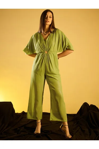 جمبسوت محبوك بتفصيلة مزمومة بأكمام باتوينغ بياقة V