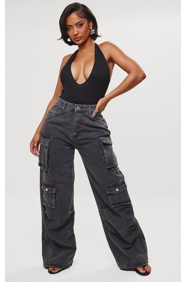 Shape Black Ribbed Halterneck Plunge Bodysuit
