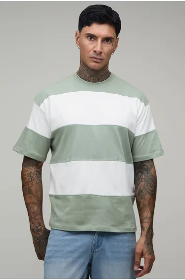 Tall Oversized Colour Block Stripe T-Shirt - sage