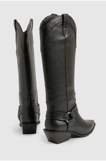 Western Style Harness Detail Knee High Boots - black product thumbnail 4