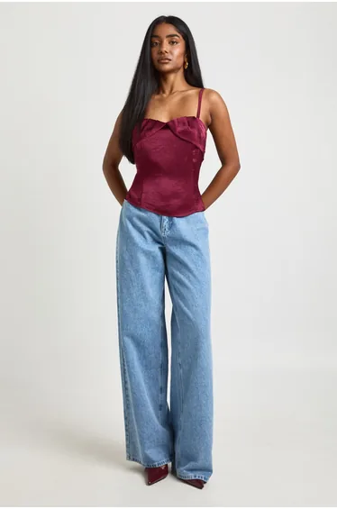 Textured Satin Ruched Cami Top - burgundy