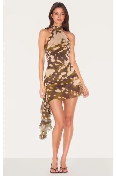 Green Chiffon Halter Neck Frill Detail Shift Dress