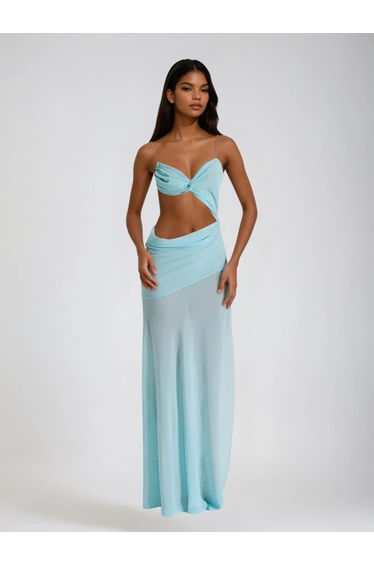 Beryvin Spaghetti Cutout Split Maxi Dress In Sky