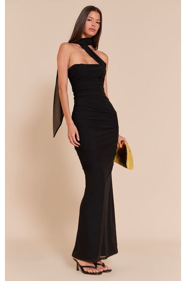 Black Mesh Over Lay Scarf Detail Maxi Dress