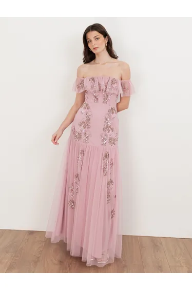 Maya Soft Pink Floral Embellished Bardot Maxi Dress
