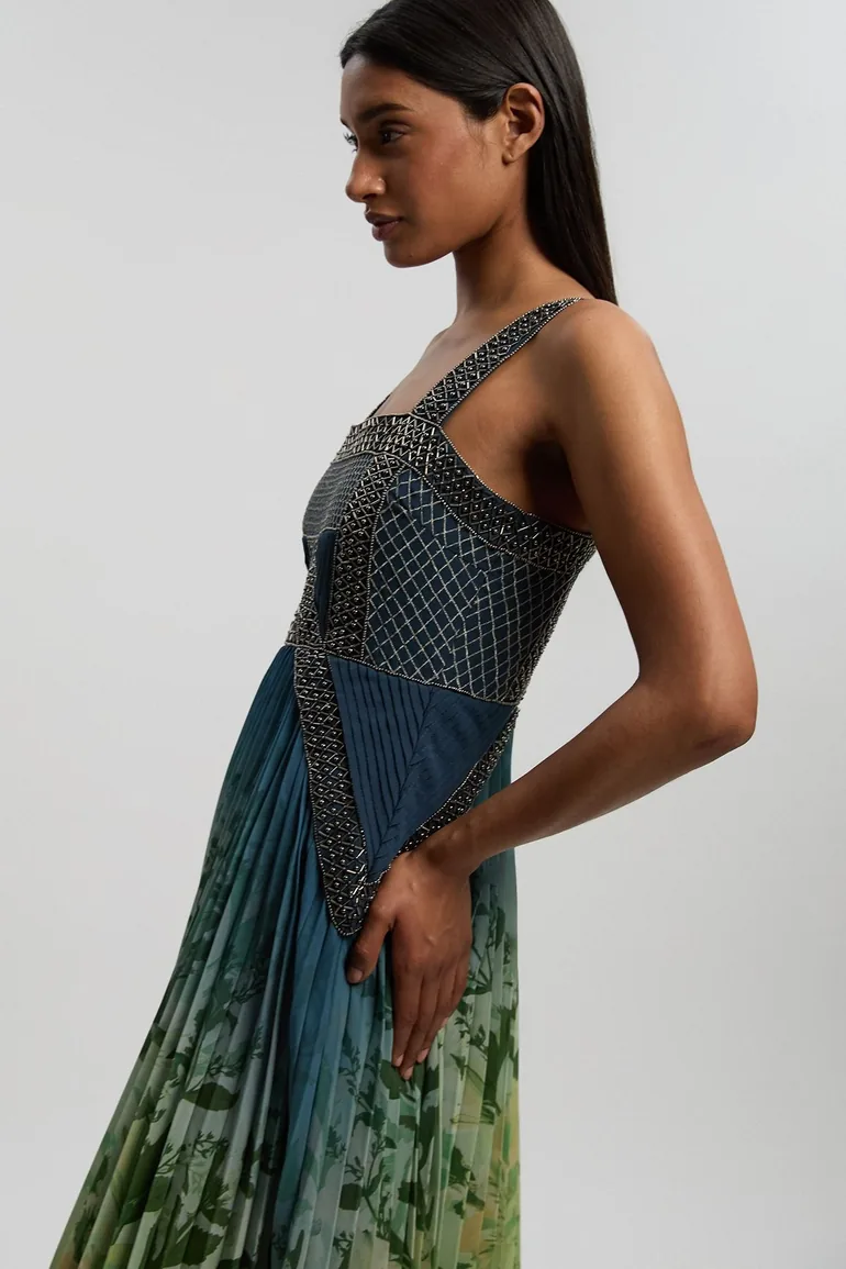 Embellished Ombre Floral Pleated Woven Maxi Dress - 1