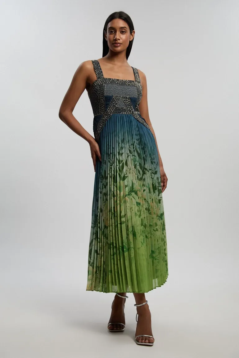 Embellished Ombre Floral Pleated Woven Maxi Dress