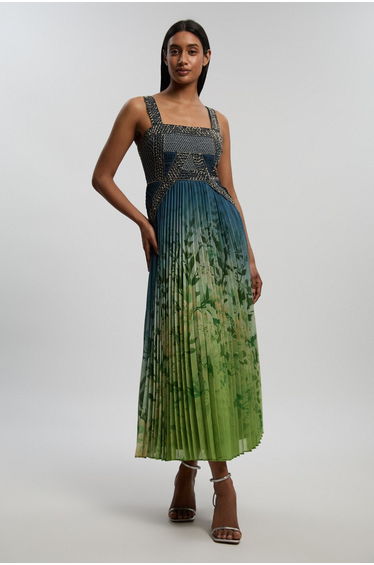 Embellished Ombre Floral Pleated Woven Maxi Dress