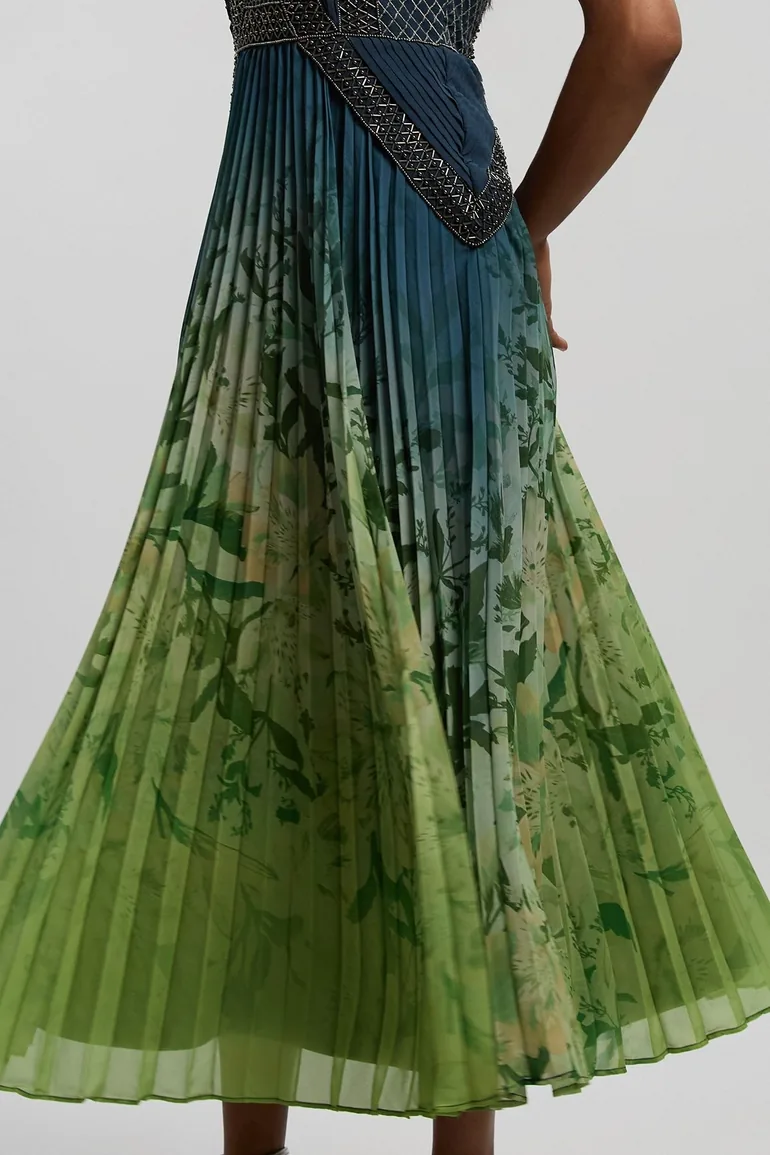 Embellished Ombre Floral Pleated Woven Maxi Dress - 2