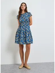 Blue All Over Print Tiered Mini Dress - 1