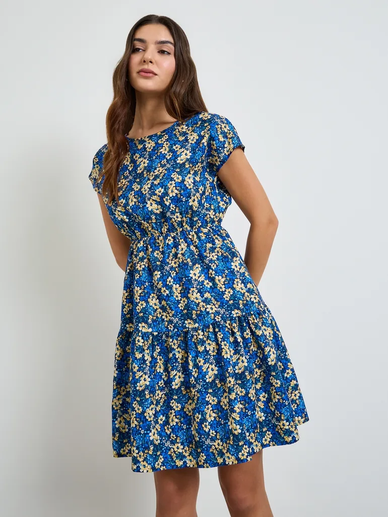 Blue All Over Print Tiered Mini Dress - 2