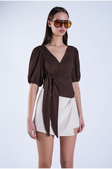 Women's Brown Balloon Sleeve Double Breasted Waist Tie Blouse