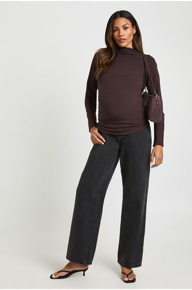 Maternity Grown On Neck Ruched Side Long Sleeve Top - charcoal