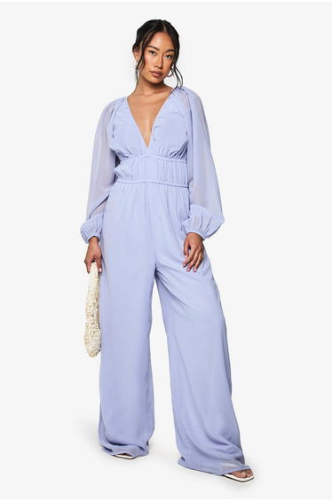 Chiffon V Neck Ruched Wide Leg Jumpsuit
