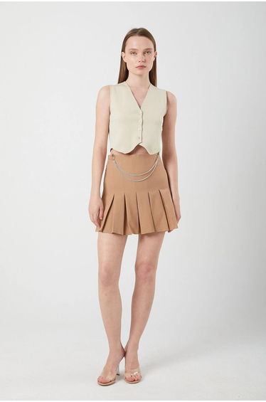 Mixray High Waist Pleated Midi Skirt with Chain Detail