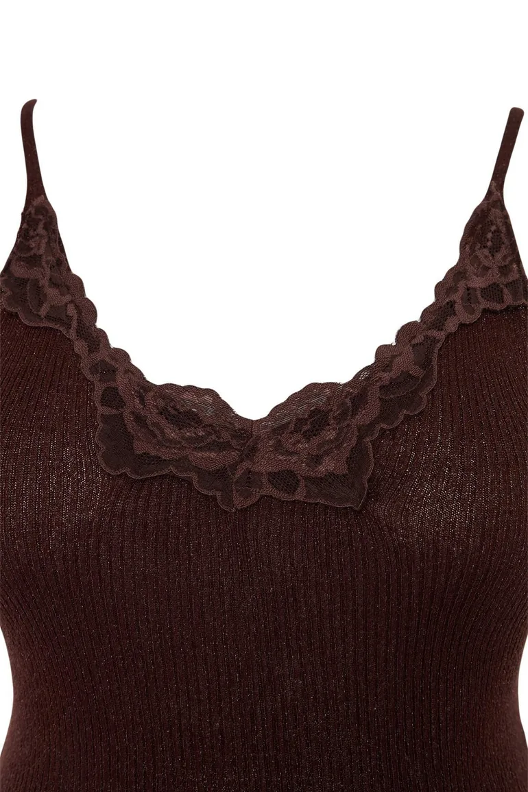 Brown Special Yarn Lace Detailed Summer 2-Piece Knitwear Blouse-Cardigan - 4