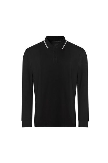 Awdis Mens Tipped Long-Sleeved Polo Shirt - Deep Black/White