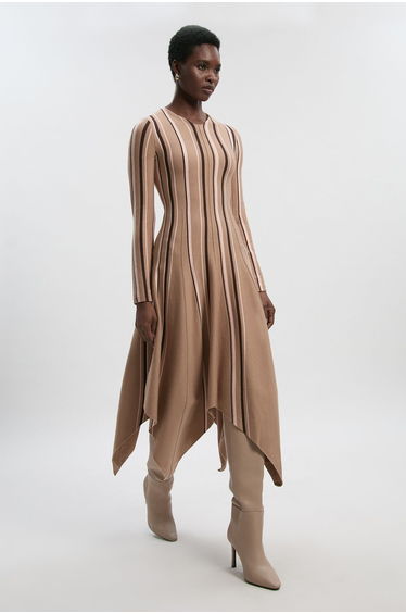 Stripe Viscose Blend Asymmetric Hem Knit Midi Dress