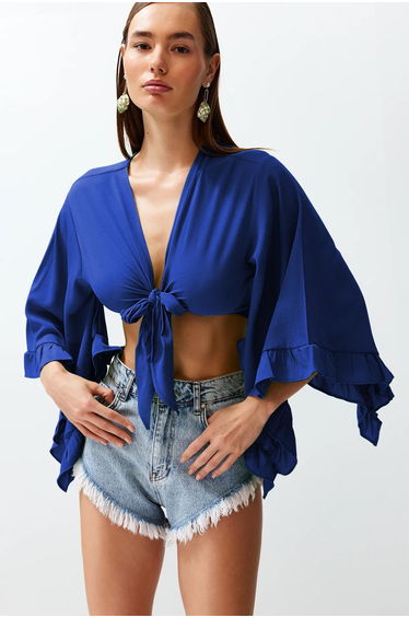Saks Crop Woven Flounce Beach Blouse