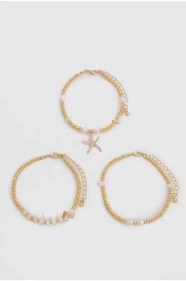 Starfish & Pearl 3 Pack Bracelets - gold