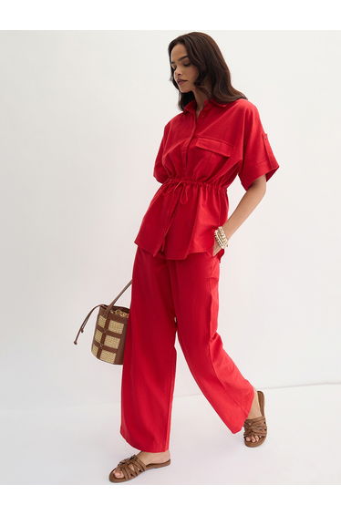 Red Cotton Linen Straight Fit Pants