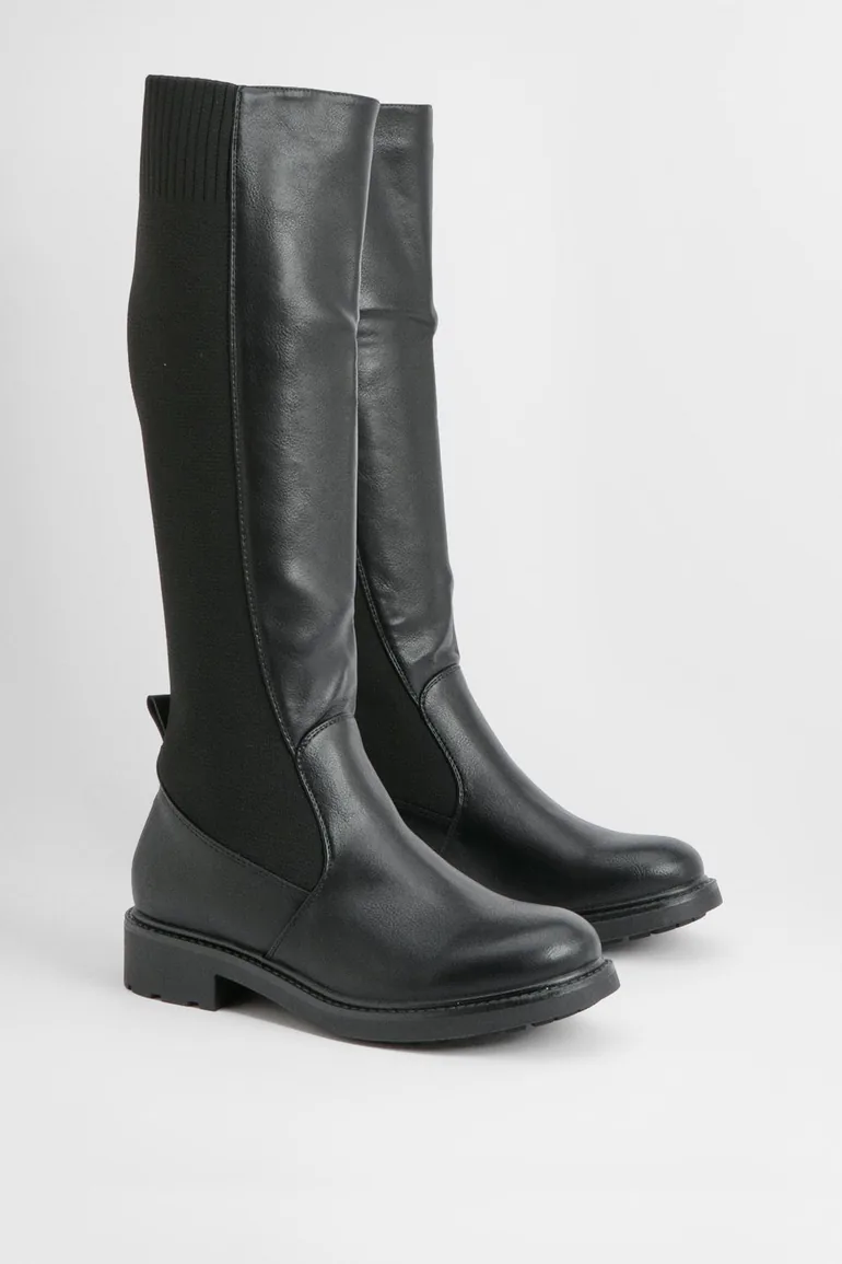 Elastic Panel Flat Knee High Boots - black - 1