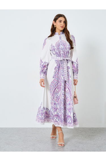 Floral Printed Stand-up Collar Belted Maxi Dress