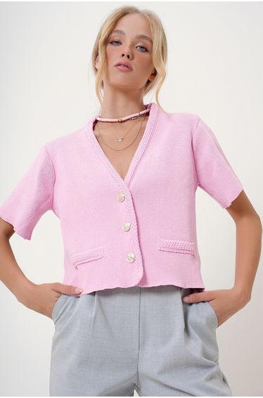 Women's Pink V Neck Gold Buttoned Pocket Detailed Knitwear Cardigan