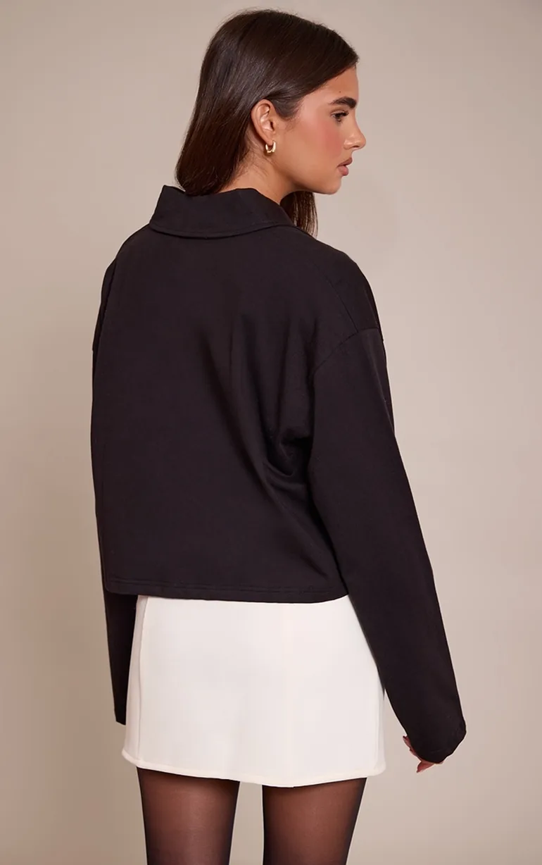 Black Cotton Polo Collar Long Sleeve Crop Top - 1