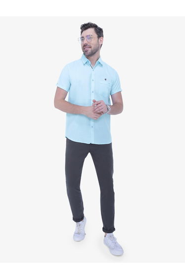 Men Blue Linen Blend Short Sleeve Shirt