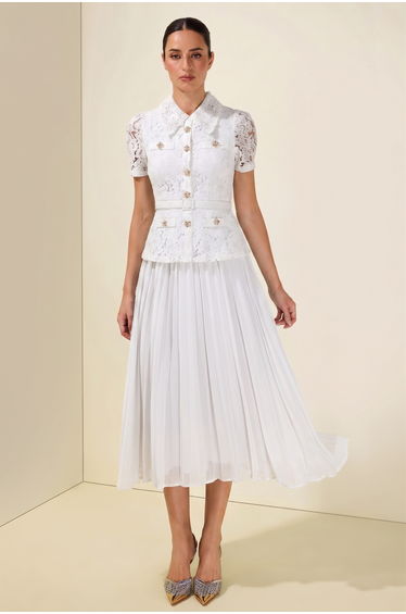 Lace Pleat With Belt Midi Dress