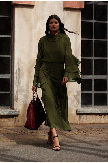 X Ai Khaki Ruffled Chiffon Tunic with Sleeves