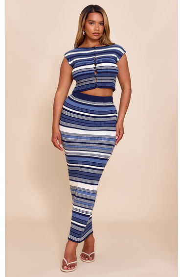 Shape Navy Knitted Stripped Maxi Skirt