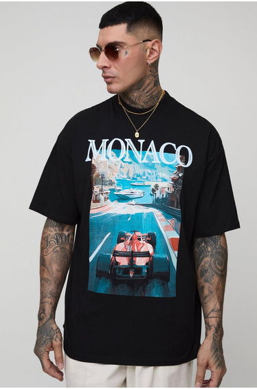 Tall Oversized Extended Neck Monaco Racing Print T-Shirt - black