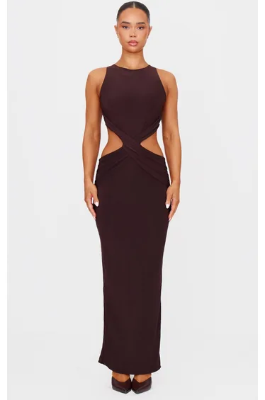 فستان ماكسي بطبقة مزدوجة بتصميم ملتف - بني