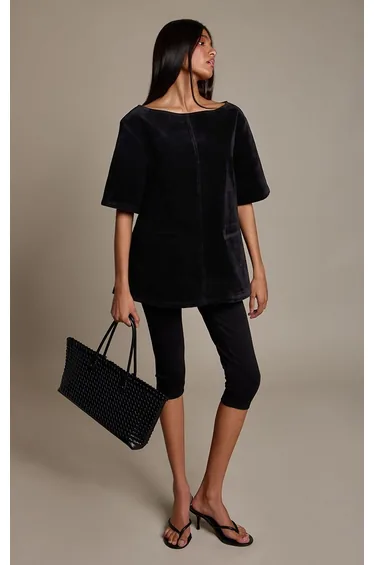 Black Faux Suede Oversized Boxy Detail Structured Top