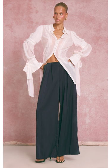 White Chiffon Lace Trim Detail Long Blouse