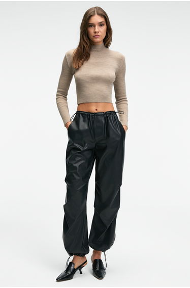 GRIMELANGE CALIDA Women's Ribbed Look Slim Fit Knit Sweater with Stand Collar in Beige