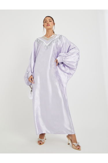 Embellished Neck Jacquard Batwing Sleeves Kaftan
