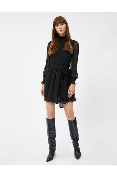 Lined High Neck Puff Sleeve Mini Chiffon Dress