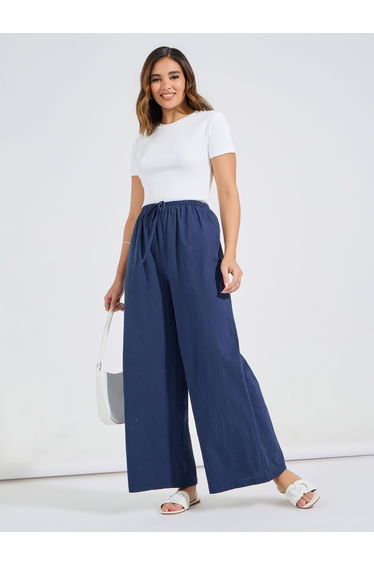 Solid Wide Leg Pants with Drawstring