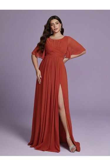Leely Plus Elegant Round Neck Flounce Sleeve Evening Gown