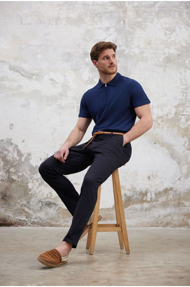 Navy Blue Regular/Normal Cut Zippered 100% Cotton Polo Neck T-shirt