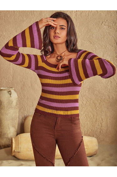 Striped Bell Sleeve Knit Top