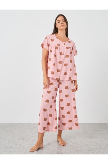Women Pink All-Over Teddy Print Button Front Shirt and Pyjama Set