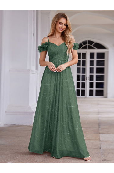 ever AYLANI|Sparkling V-Neck Floral Cold-Shoulder Evening Dress with Pleated