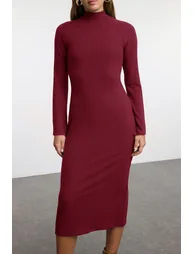 Burgundy Straight Slit Midi Fitted/Fits Body Ribbed Stretch Knit Dress - 2