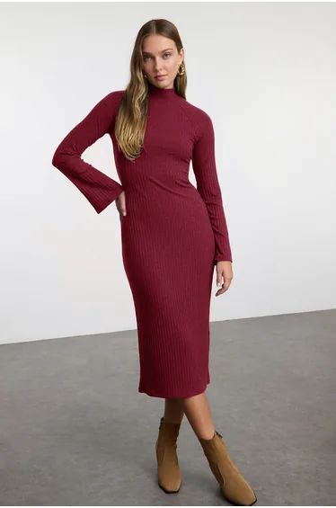 Burgundy Straight Slit Midi Fitted/Fits Body Ribbed Stretch Knit Dress