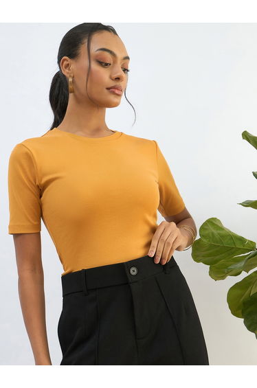 Mustard Ribbed Short Sleeves Top