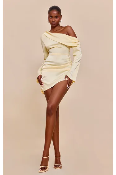 Butter Cream Satin One Shoulder Drape Bodycon Dress